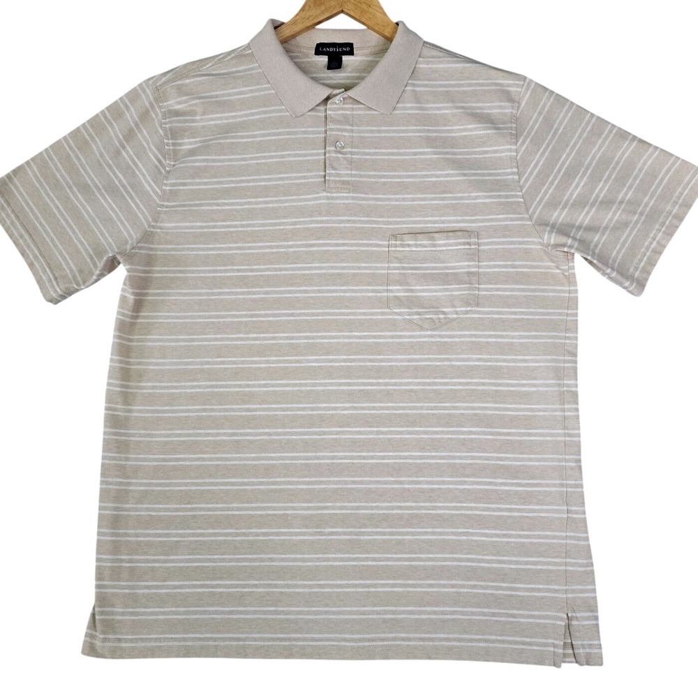 Lands End Mens Size L 42-44 Golf‎ Polo Shirt Beige Striped Cotton Pocket